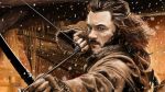  1boy arrow bard_the_bowman bow_(weapon) brown_hair fingerless_gloves fire gloves jacket male_focus middle_earth realistic solo the_hobbit weapon 