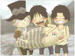  3boys cravat fish goggles hat male_focus monkey_d_luffy multiple_boys one_piece portgas_d_ace sabo_(one_piece) smile stampede_string straw_hat tank_top top_hat younger 