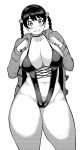 1girl braid breasts cleavage coat grin hair_bobbles hair_ornament huge_breasts long_hair monochrome navel original simple_background sling_bikini smile standing swimsuit synecdoche thick_thighs thighs twin_braids white_background 