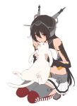  1girl bare_shoulders black_hair blush breasts carrying cat elbow_gloves gloves hair_between_eyes headgear kantai_collection kyara36 long_hair looking_at_viewer midriff miniskirt nagato_(kantai_collection) pleated_skirt red_eyes shirt skirt sleeveless sleeveless_shirt solo squatting thigh-highs white_cat white_skirt 