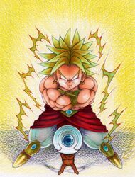  blank_eyes broly dragon_ball dragonball_z gauntlets legendary_super_saiyan male_focus muscle smile space_craft super_saiyan traditional_art yokisaga 