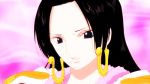  1girl animated animated_gif black_hair boa_hancock earrings female forehead jewelry long_hair one_piece pink_background solo tagme 