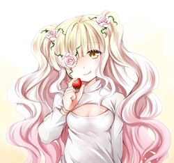  1girl ai_(creamcaramel) blonde_hair breasts cleavage cleavage_cutout eyepatch female flower food gradient gradient_background gradient_hair hair_flower hair_ornament kirakishou long_hair multicolored_hair open-chest_sweater pink_hair plant rozen_maiden solo strawberry sweater upper_body white_background yellow_eyes 