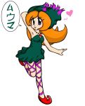 1girl arm_behind_head arm_up armpits blue_eyes blush cosplay dress heart japanese misdreavus misdreavus_(cosplay) mona_(warioware) necklace nintendo open_mouth orange_hair pokemon red_shoes solo tagme translation_request warioware