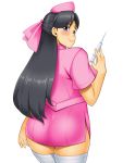  1girl ass kawanuma_uotsuri long_hair looking_back nurse smile syringe 
