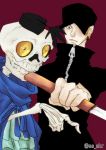  1boy baseball_cap cape cp9 dual_persona hat kaku_(one_piece) male_focus mask one_piece skeleton skeleton_costume solo water_7 weapon 