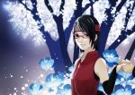  1girl black_hair flower forehead_protector glasses hand_holding looking_at_viewer naruto night night_sky shi_er_xian sky sleeveless smile solo_focus tree uchiha_sarada 