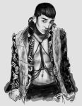  10s 1boy 2012 bigbang earrings harness jewelry k-pop male_focus monochrome open_clothes open_shirt oxygen_mask seungri_(bigbang) shirt short_hair solo 