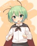  1girl antennae blush bow cape green_eyes green_hair hard_translated long_sleeves looking_at_viewer open_mouth orange_background pants shinoba shirt short_hair simple_background solo tears text touhou translated wriggle_nightbug 