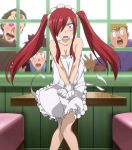  1girl 3boys bare_shoulders blush breasts cleavage erza_scarlet fairy_tail gloves highres multiple_boys open_mouth redhead screencap stitched twintails 
