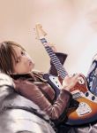  1boy couch guitar hyde_(l&#039;arc~en~ciel) instrument j-rock jacket jewelry l&#039;arc~en~ciel leather leather_jacket looking_at_viewer male_focus musician realistic ring sitting solo 