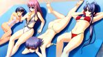  4girls armpits artemis_blue asami_asami ass back barefoot bikini black_hair blue_hair breast_press breasts cellphone cleavage closed_eyes dark_skin drinking earrings feet game_cg jewelry kubo_akiko kusama_saori kusama_shiori large_breasts legs long_hair lying maria_del_olmo multiple_girls navel on_side on_stomach phone pink_hair ponytail short_hair smile sunglasses swimsuit thighs toes 