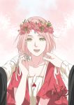  1girl :d bandaged_arm facial_mark flower_headdress forehead_mark green_hair happy haruno_sakura jewelry looking_at_viewer naruto naruto:_the_last necklace open_mouth pov pov_eye_contact shi_er_xian short_hair smile uchiha_sasuke 