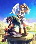  2boys black_hair blue_sky brown_hair clouds dark_pit kid_icarus kid_icarus_uprising multiple_boys nintendo palutena pillar pit_(kid_icarus) sky statue toga wusagi2 