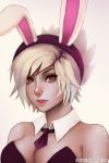  1girl alternate_costume animal_ears bare_shoulders breasts brown_eyes bunny_girl bunnysuit cleavage cropped_arms detached_collar fake_animal_ears league_of_legends lips lipstick makeup necktie nose pink_background rabbit_ears riven_(league_of_legends) serajaa short_hair solo watermark white_hair 