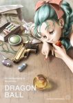  1girl aqua_eyes aqua_hair bangs box braid bulma capsule capsule_corp desk doodle dragon_ball dragon_ball_(object) english eyelashes fingernails food fruit gun handgun head_rest highres indoors logo long_hair map nail_polish pistol radar single_braid smile solo strawberry uirina weapon 