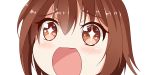  +_+ 1girl brown_eyes brown_hair close-up eyebrows_visible_through_hair hair_between_eyes kantai_collection looking_at_viewer no_nose open_mouth shiratsuyu_(kantai_collection) short_hair simple_background sin-poi solo sparkling_eyes symbol-shaped_pupils white_background 