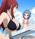  2girls bare_shoulders bikini blue_hair breasts clouds erza_scarlet fairy_tail female hairband large_breasts levy_mcgarden multiple_girls navel redhead screencap smile stitched swimsuit sword 