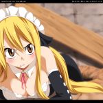  1girl angry bare_shoulders blonde_hair blush breasts brown_eyes cleavage clenched_teeth fairy_tail gaston18 long_hair lucy_heartfilia lying maid maid_headdress on_stomach solo tagme teeth 