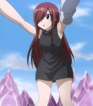  1girl armpits arms_up bow brown_eyes erza_scarlet fairy_tail hair_over_one_eye highres long_hair redhead screencap stitched younger 