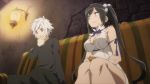  1boy 1girl animated animated_gif bell_cranel black_hair bounce bouncing_breasts breasts cleavage dungeon_ni_deai_wo_motomeru_no_wa_machigatteiru_darou_ka hestia_(danmachi) large_breasts twintails white_hair 