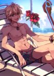  1boy abs beach beach_chair blonde_hair blue_eyes flower hibiscus jewelry male_focus male_swimwear navel necklace nintendo nipples open_mouth papiko_(tsuzukick) short_hair shulk smile solo swim_trunks swimsuit swimwear xenoblade 