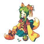  animal_ears fox fox_ears fox_tail green_hair hair_ornament pixel_art tail transparent_background uruchimai 