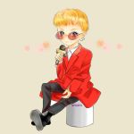  1boy bigbang blonde_hair boots earrings g-dragon jacket jewelry k-pop male_focus microphone red_jacket sitting solo 