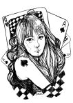  1girl 2ne1 ace bands bom_(2ne1) card character_name k-pop long_hair monochrome musician outline playing_card solo spade 