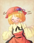  1girl aki_minoriko apron arinu blonde_hair blush breasts closed_eyes food fruit grapes hard_translated hat long_sleeves open_mouth smile solo touhou translated 