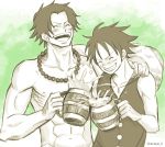  2boys abs brothers cup drinking freckles hat jewelry male_focus monkey_d_luffy mug multiple_boys necklace one_piece portgas_d_ace scar siblings smile stampede_string topless vest 