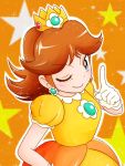  1girl blue_eyes brown_hair crown dress earrings female gloves jewelry nintendo princess_daisy smile solo star super_mario_bros. super_mario_land wink 