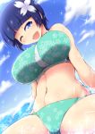  1girl bare_shoulders blue_eyes blue_hair blush breasts female hair_ornament happy large_breasts navel one_eye_closed open_mouth ponpo senran_kagura senran_kagura_(series) short_hair smile solo swimsuit wet yozakura_(senran_kagura) 