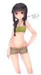  alternate_costume bangs black_hair braid breasts brown_eyes kantai_collection kitakami_(kantai_collection) kyara36 long_hair looking_at_viewer navel shorts small_breasts swimsuit 