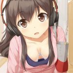  1girl akagi_(kantai_collection) akai_ronii bag bra breasts brown_eyes brown_hair cleavage contemporary downblouse handbag headphones kantai_collection long_hair looking_at_viewer lowres open_mouth solo sweatdrop underwear 