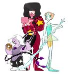  3girls ^_^ afro amethyst_(steven_universe) closed_eyes garnet_(steven_universe) gauntlets grin happy looking_at_viewer multiple_girls pearl_(steven_universe) polearm simple_background smile steven_universe sunglasses tomo_(artist) weapon whip white_background 