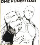  1boy absurdres bald bodysuit cape clenched_hand closed_mouth dated foreshortening from_below frown gloves greyscale highres monochrome murata_yuusuke official_art one-punch_man photo saitama_(one-punch_man) serious signature solo superhero traditional_media upper_body 