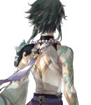  1boy arm_tattoo armor back bead_necklace beads black_hair commentary_request from_behind genshin_impact green_hair highres jewelry male_focus multicolored_hair necklace shiraishi_(siraisi00) simple_background solo spikes tattoo upper_body white_background xiao_(genshin_impact) 