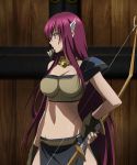  1girl aoi_sekai_no_chuushin_de arrow blue_eyes bow breasts cleavage female fingerless_gloves gloves hair_ornament hair_over_one_eye hand_on_hip jewelry large_breasts midriff navel necklace opal_(aoi_sekai_no_chuushin_de) purple_hair screencap solo stitched very_long_hair weapon 