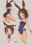  1girl animal_ears ass azur_lane bare_shoulders bracer breasts brown_hair bunny_tail chibi covered_navel dark_skin detached_collar i-26_(azur_lane) leg_up one-piece_swimsuit one_eye_closed open_mouth rabbit_ears red_eyes sailor_collar school_swimsuit shiruko27anko short_hair small_breasts smile solo standing standing_on_one_leg strapless strapless_swimsuit swimsuit tail 