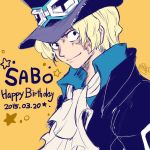  1boy birthday blonde_hair character_name cravat goggles goggles_on_hat hat male_focus one_piece sabo_(one_piece) scar solo top_hat 