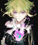  1boy black_gloves closed_mouth commentary_request fire gloves green_hair hair_between_eyes highres lio_fotia long_sleeves looking_at_viewer male_focus promare purple_fire pyrokinesis shiraishi_(siraisi00) solo twitter_username upper_body violet_eyes 