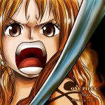  1girl brown_eyes character_name copyright_name female long_hair nami_(one_piece) one_piece open_mouth orange_hair solo staff tattoo weapon 