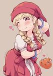  1girl ;) bangs blonde_hair blush bracelet braid breast_hold breasts closed_mouth dragon_quest dragon_quest_xi dress eyebrows_visible_through_hair hat heart ibukichi jewelry long_hair looking_at_viewer motion_lines one_eye_closed puffy_sleeves red_hat slime_(dragon_quest) small_breasts smile solo sweat twin_braids veronica_(dq11) violet_eyes wavy_mouth 
