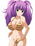  1girl bare_shoulders bikini blush breasts cleavage female green_eyes hair_ornament large_breasts long_hair looking_at_viewer miki_hojo navel open_clothes purple_hair shiny shiny_skin side-tie_bikini simple_background smile solo standing striped striped_bikini suzumori_kuroku swimsuit tantei_opera_milky_holmes tantei_opera_milky_holmes_td twintails untied untied_bikini white_background 