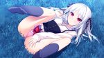  1girl blush breasts feet game_cg grass kinta legs legs_up looking_at_viewer lying mayachi_(amuriya) no_shoes on_back panties pink_panties red_eyes skirt small_breasts smile socks solo spread_legs thighs underwear valkyrie_runabout! white_hair 