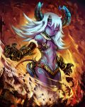  1girl blue_eyes breasts cleavage demon demon_girl female giantess horns original purple_skin silver_hair small_breasts solo tail yilx 