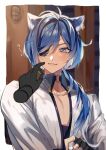  1boy ahoge animal_ear_fluff animal_ears black_gloves blue_eyes blue_hair blush cat_ears dark_skin dark_skinned_male eyepatch fingerless_gloves genshin_impact gloves highres honsyu00 jacket kaeya_alberich long_hair looking_at_hand male_focus ponytail solo white_jacket 