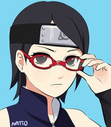  1girl adjusting animated animated_gif blinking blue_background forehead_protector glasses looking_at_viewer naruto nattouh sharingan short_hair solo uchiha_sarada 