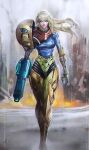  1girl arm_cannon armor blonde_hair broken_armor dirty full_body longai looking_at_viewer metroid realistic samus_aran solo standing torn_clothes varia_suit weapon zero_suit 